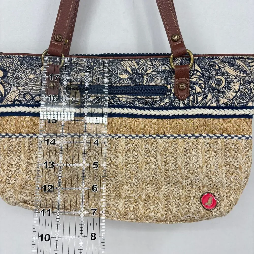 Sakroots Ellis Straw Satchel Shoulder Bag Blue Floral Boho Leather Trim Handbag - Picture 11 of 11